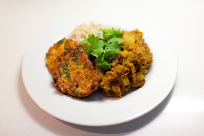 Butternut & lentil tagine with carrot & coriander fritters